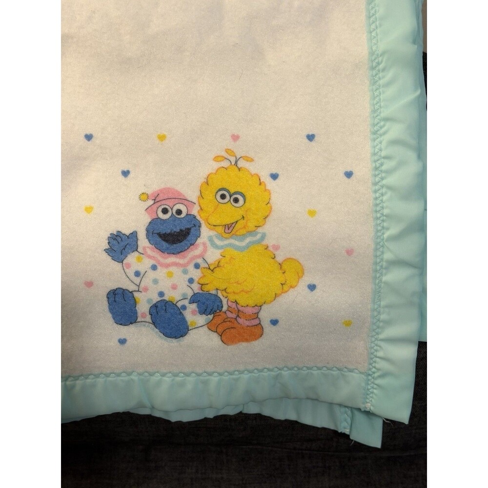 Vintage Sesame Street Babies Cookie Monster Big Bird Blanket Satin Trim